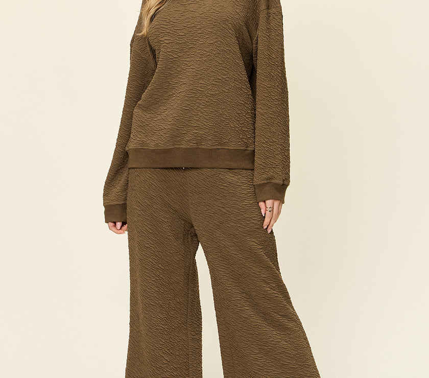 Double Take Full Size Texture Long Sleeve Top and Pants Set