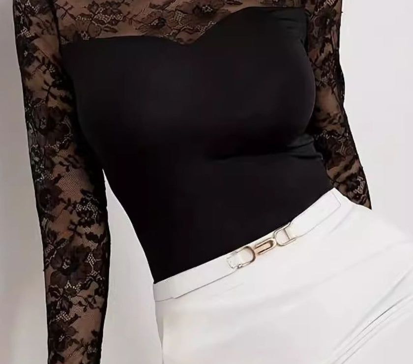 Lace Patchwork Mock Neck Long Sleeve Blouse