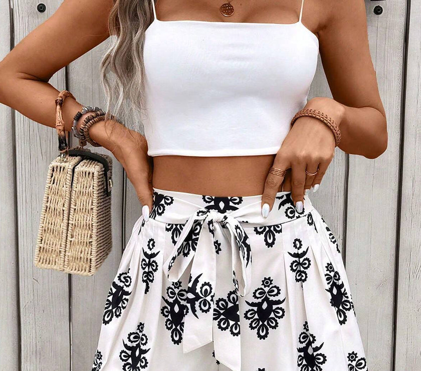 Black Tribal Geometric Print Belted High Waist Casual Shorts