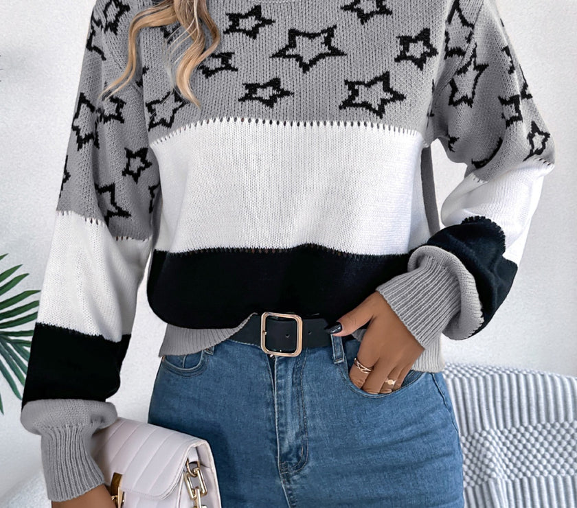 Star Contrast Round Neck Sweater