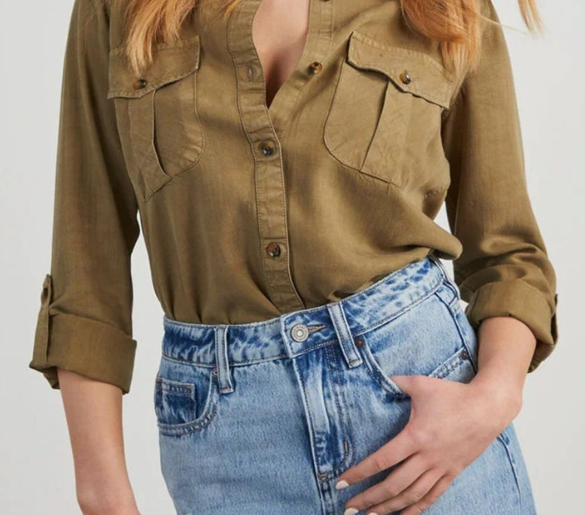 Collared Neck Roll-Tab Sleeve Denim Top