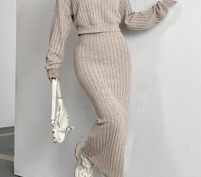 Ribbed Cropped Hooded Top and V-Neck Tank Dress Set