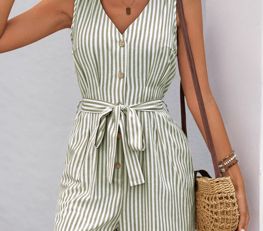 Perfee Striped V-Neck Tie Waist Romper