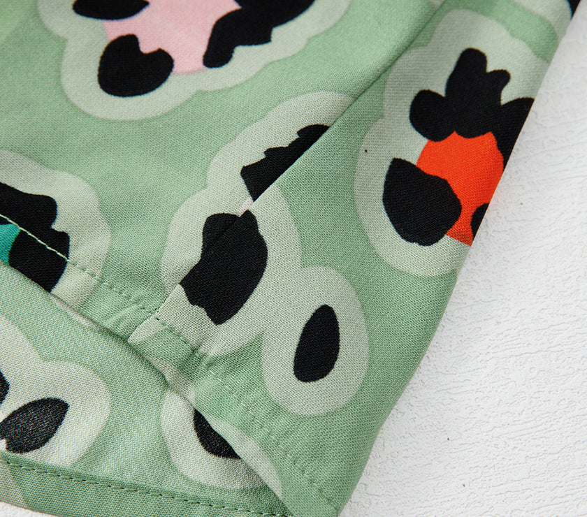 Green Leopard Print Short Sleeve Shirt and Wide Leg Pants Set