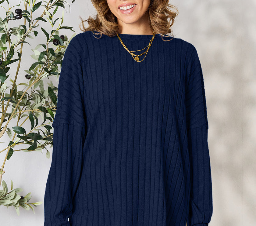 Basic Bae Full Size Ribbed Round Neck Slit Knit Top