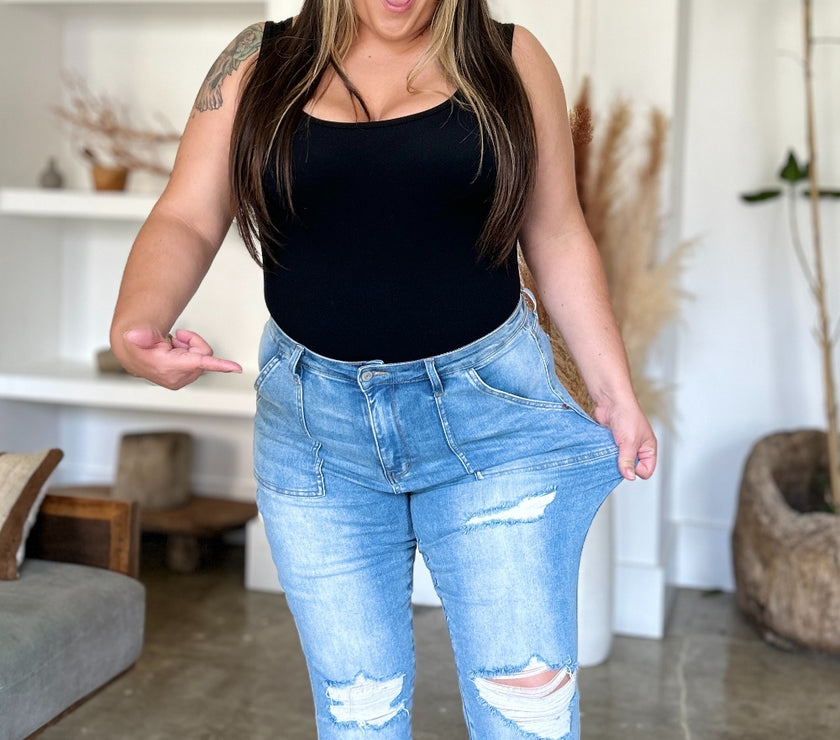 Judy Blue Full Size Distressed Straight Jeans with Patch Pockets