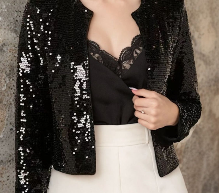 Full Size Sequin Open Front Cropped Jacket