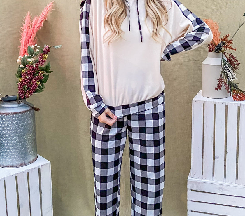 And The Why Drawstring Hooded Top and Plaid Pants Lounge Set
