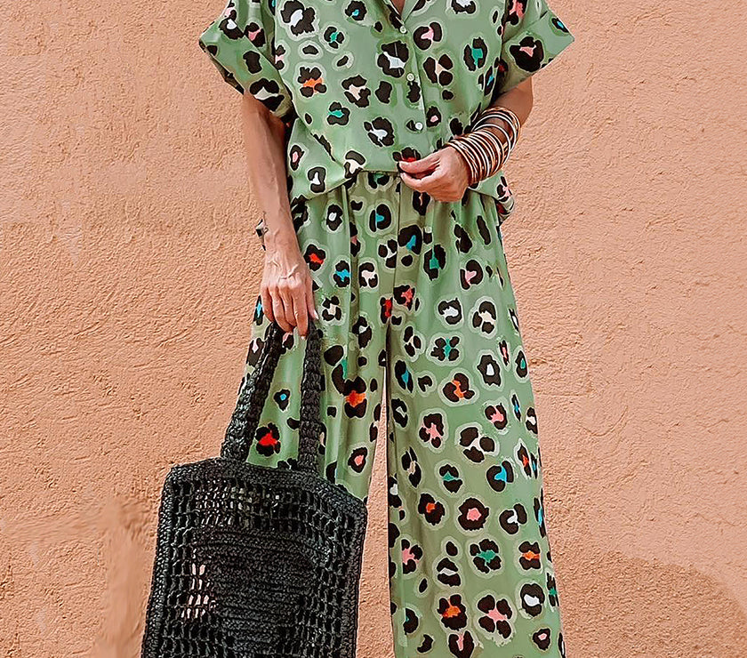 Green Leopard Print Short Sleeve Shirt and Wide Leg Pants Set