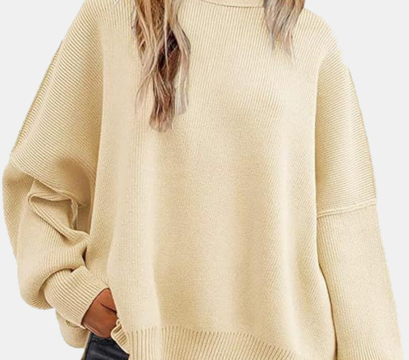 Round Neck Drop Shoulder Slit Sweater