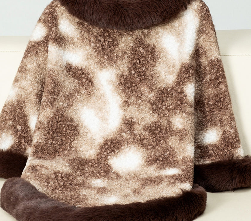 Furry Contrast Three-Quarter Poncho