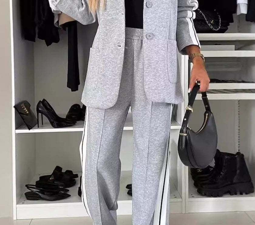 Full Size Contrast Lapel Collar Top and Pants Set