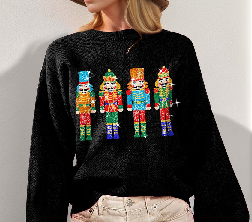Double Take Full Size Sequin Nutcracker Long Sleeve Sweater