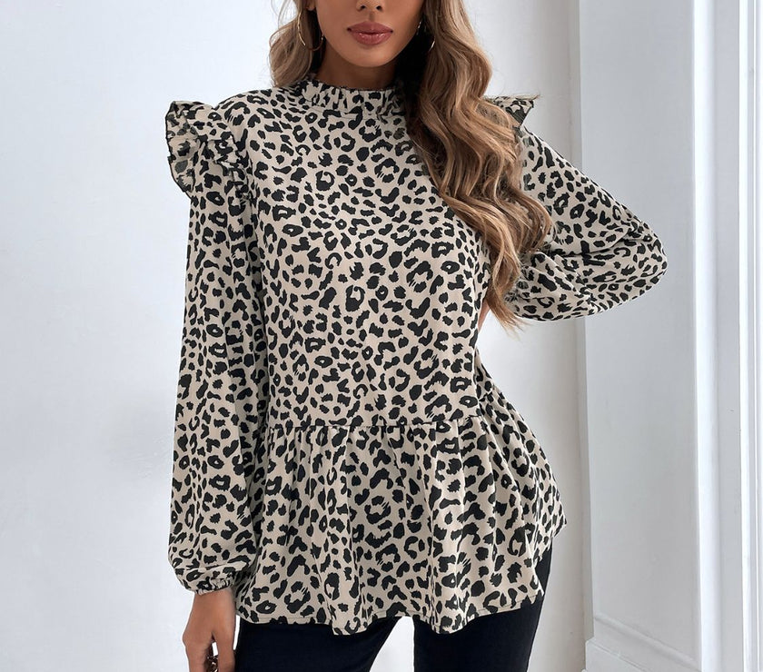 Ruffled Leopard Mock Neck Long Sleeve Blouse