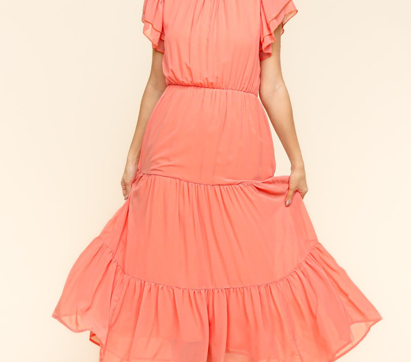 Haptics Full Size Tiered Frill Mock Neck Short Sleeve Dress