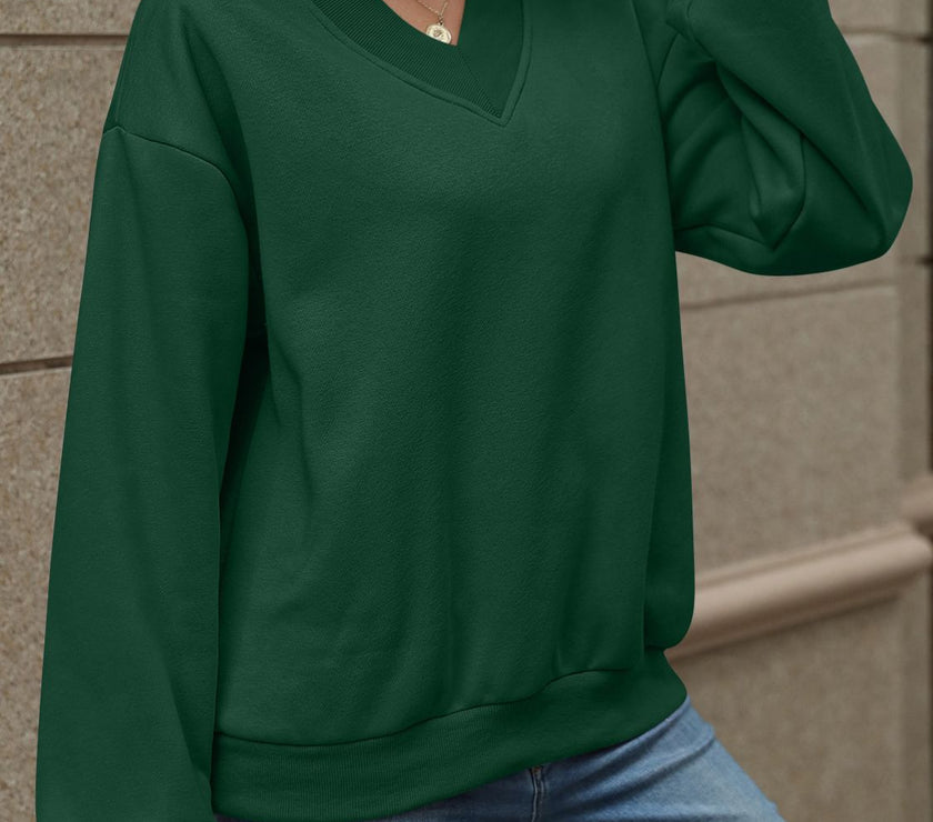 V-Neck Long Sleeve Dropped Shoulder Sweatshirt