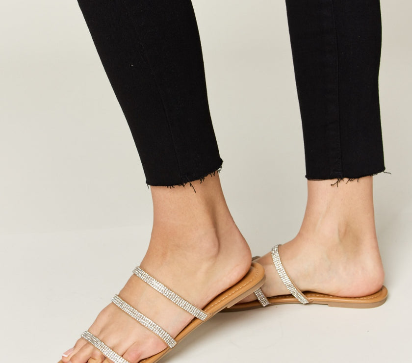 WILD DIVA Rhinestone Three-Strap Flat Sandals