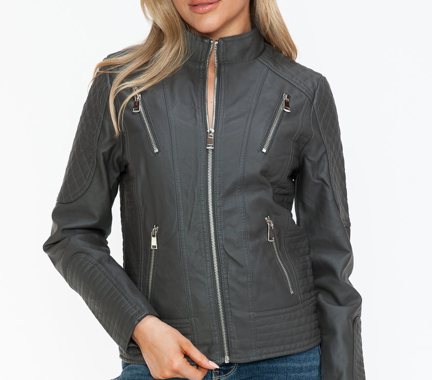Snobbish Faux Leather Zip Up Mock Neck Jacket