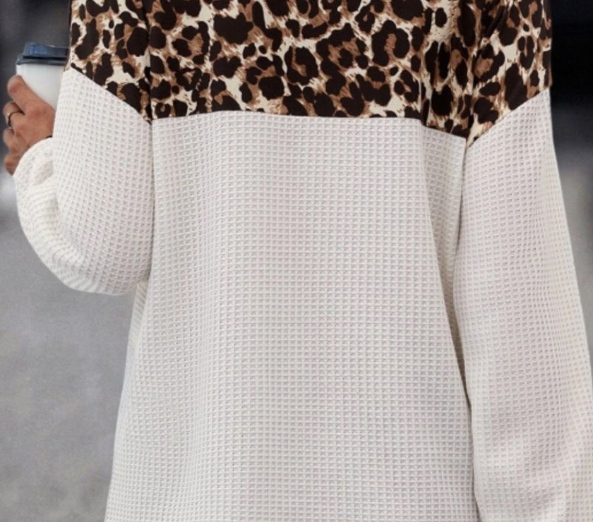 Waffle-Knit Leopard V-Neck Long Sleeve Blouse