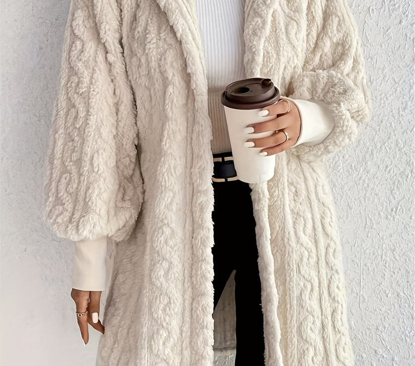 Open Front Long Sleeve Fuzzy Hooded Jacket