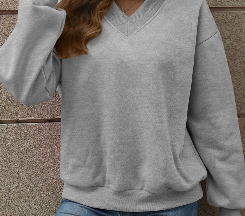 V-Neck Long Sleeve Dropped Shoulder Sweatshirt