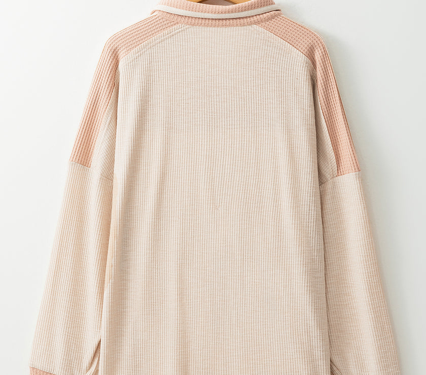 Waffle-Knit Color Block Half Button Long Sleeve Top