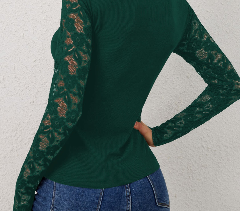 Lace Wavy Hem V-Neck Long Sleeve Top