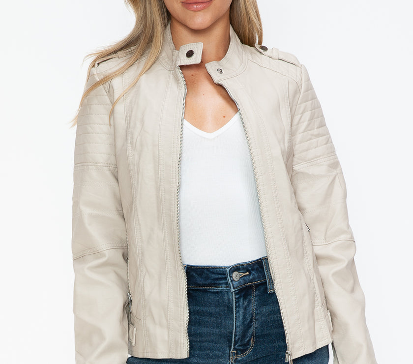 Snobbish PU Leather Biker Jacket with Side Zip Pockets