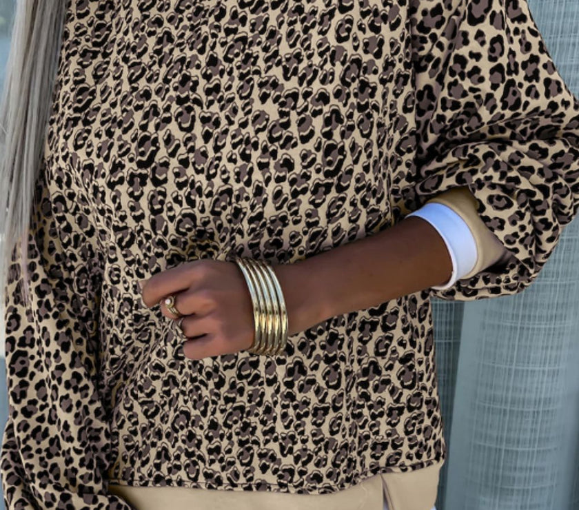 Slit Leopard Round Neck Long Sleeve Sweatshirt