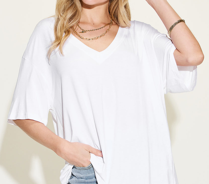 Basic Bae Full Size Bamboo V-Neck Drop Shoulder T-Shirt
