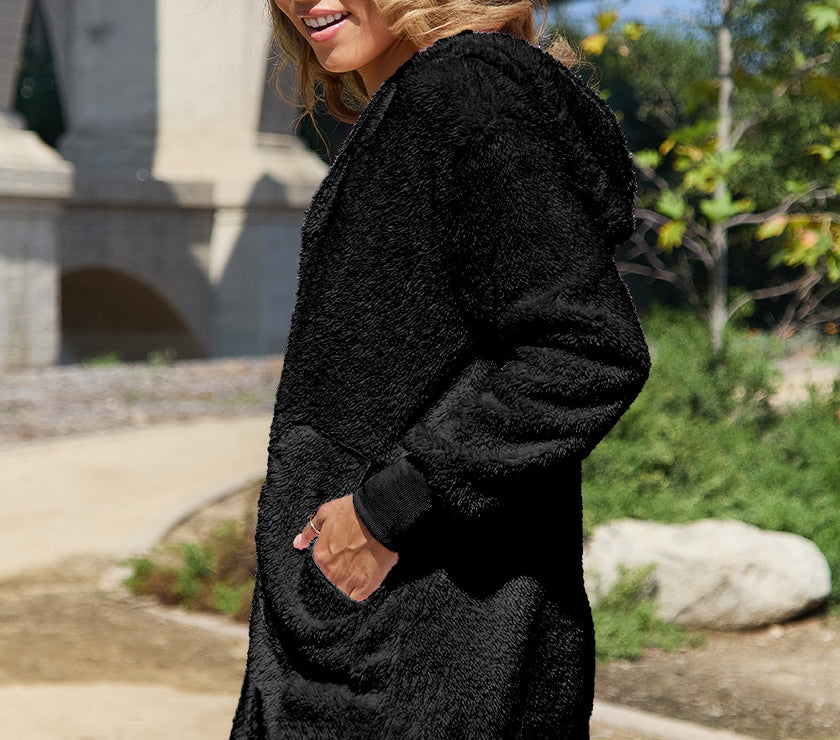 Double Take Full Size Hooded Teddy Bear Jacket with Thumbholes