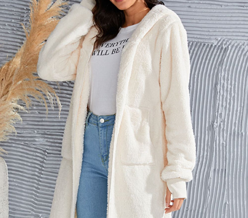 Double Take Full Size Hooded Teddy Bear Jacket with Thumbholes