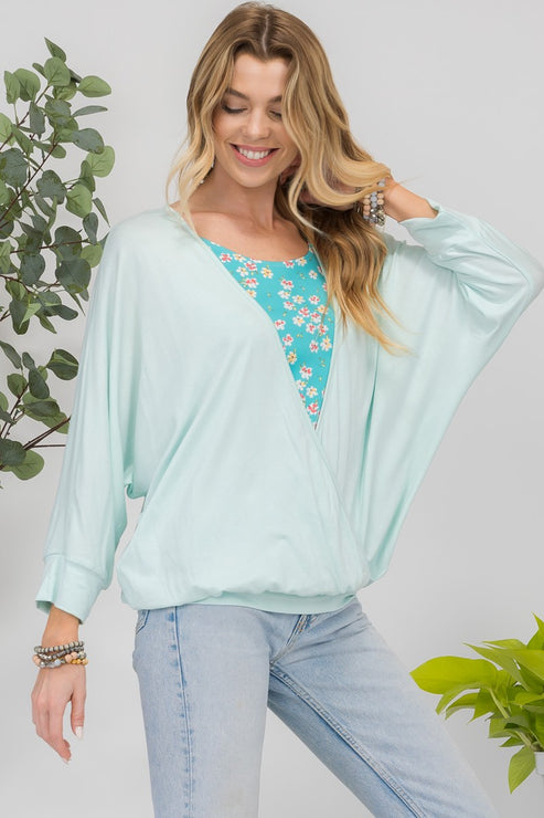 Celeste Full Size Floral Round Neck Top with Two Layer Detail