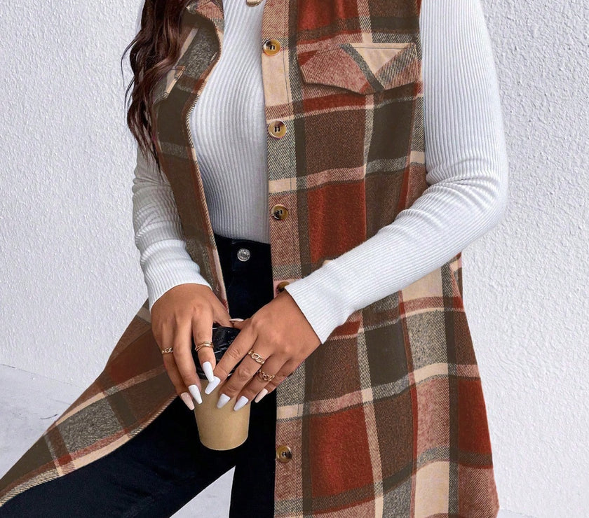 Honey Plus Size Pocketed Plaid Button Up Vest Coat