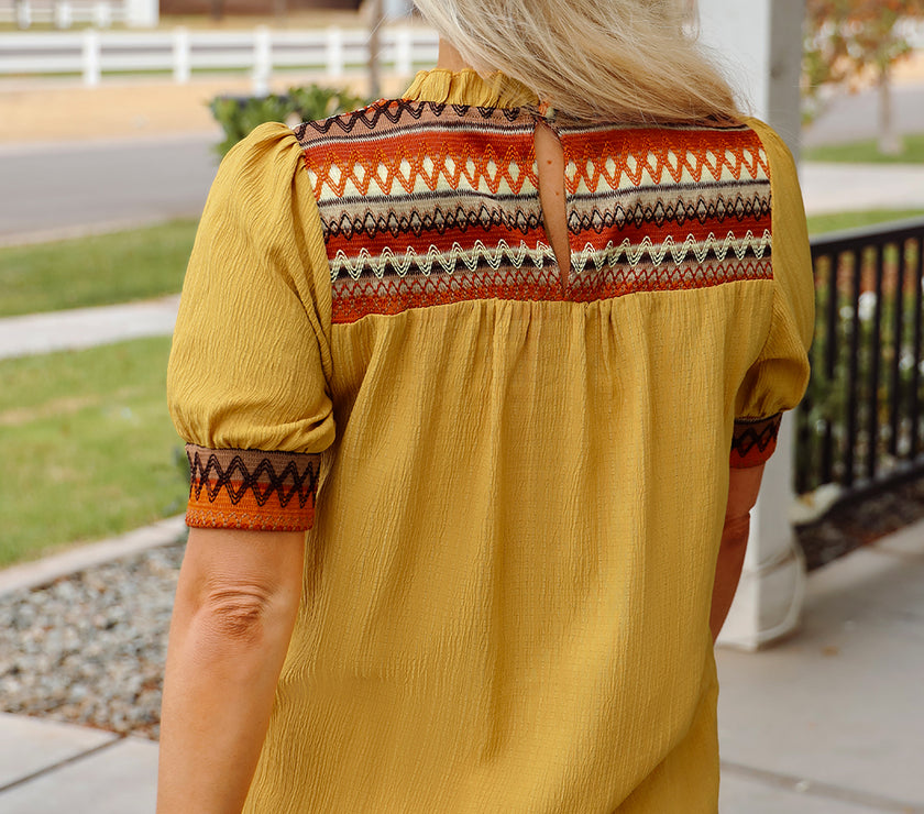 Mustard Geometric Short Puff Sleeve Frilled Collar Blouse