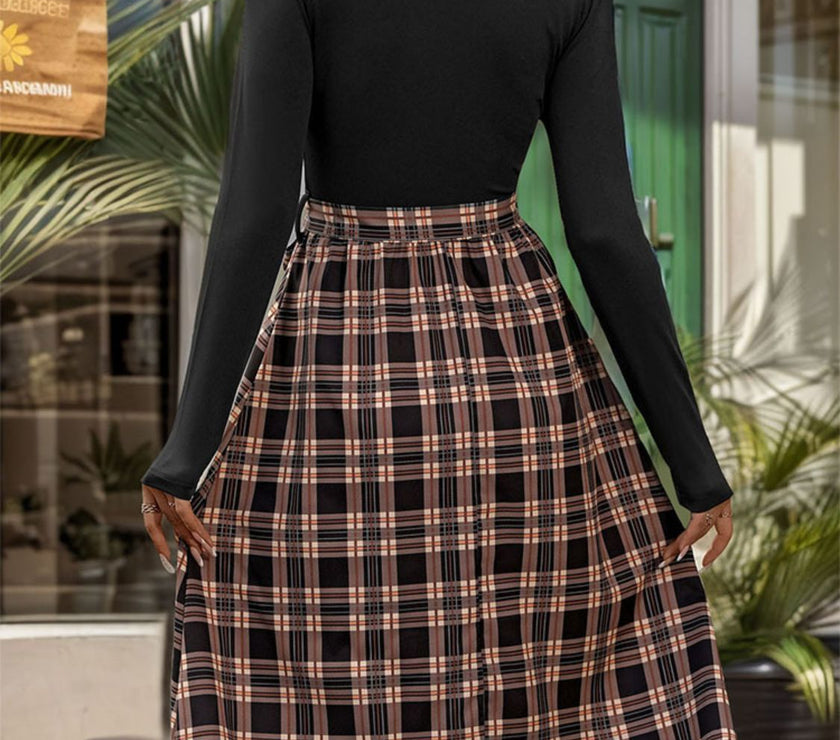 Perfee Plaid Mock Neck Long Sleeve Dress