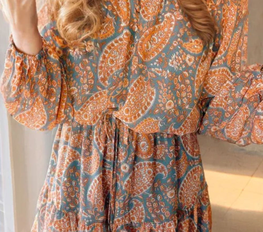 Ruffle Hem Printed Long Sleeve Dress
