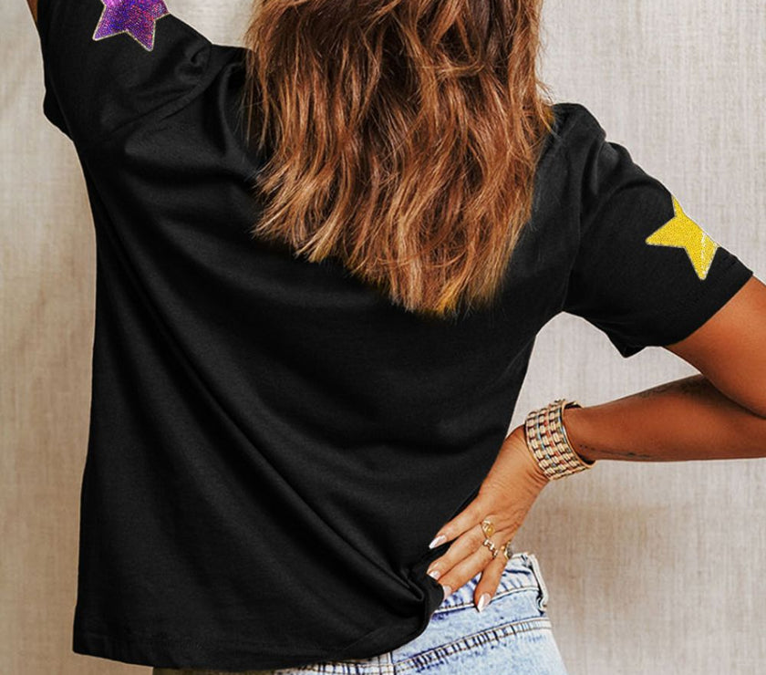 Sequin Stars Patched Round Neck T-Shirt