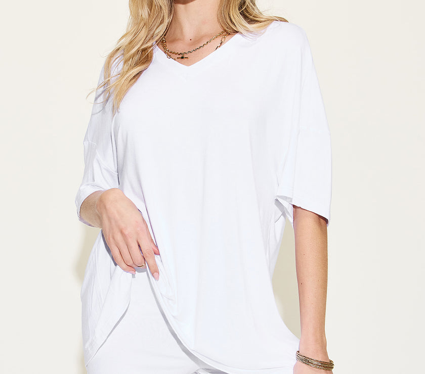 Basic Bae Full Size V-Neck Drop Shoulder T-Shirt and Shorts Set