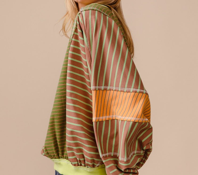 BiBi Color Block Striped Round Neck Sweatshirt