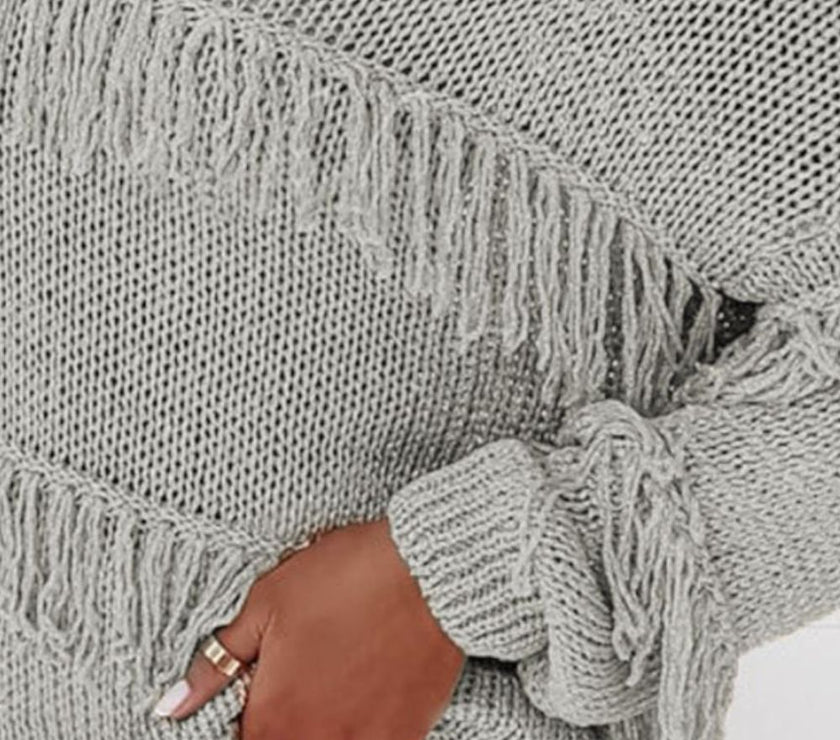 Fringe Boat Neck Long Sleeve Sweater