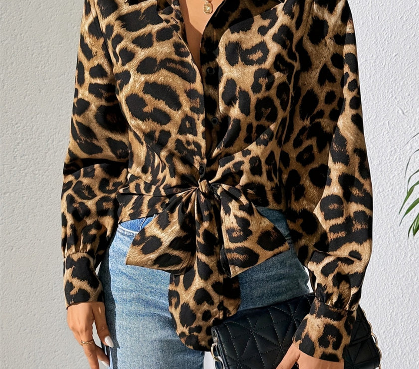 Leopard Collared Neck Long Sleeve Shirt
