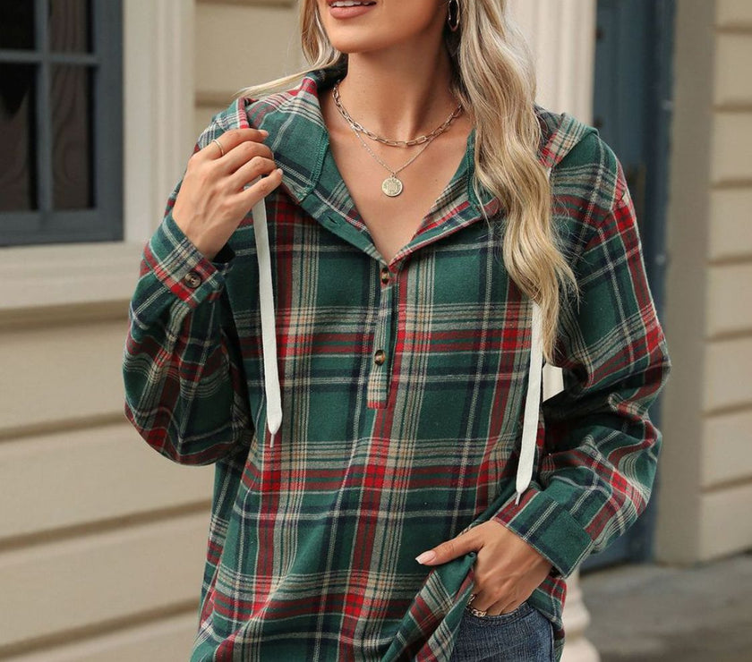 Drawstring Plaid Hooded Long Sleeve Top