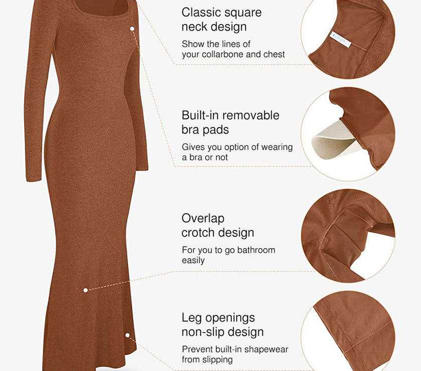 Basic Bae Built-In Shapewear Square Neck Long Sleeve Maxi Dress