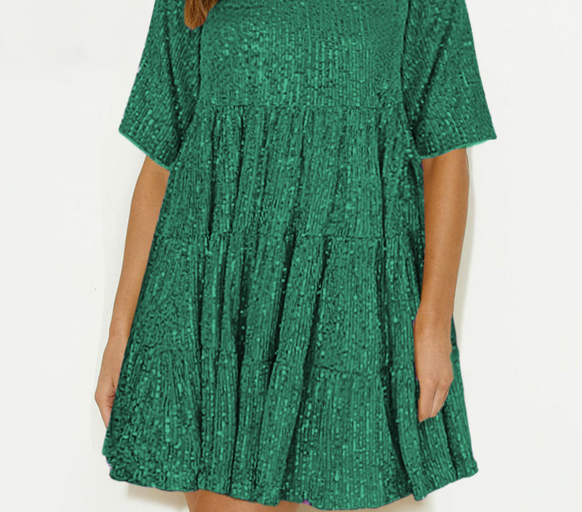 Sequin Round Neck Half Sleeve Mini Dress