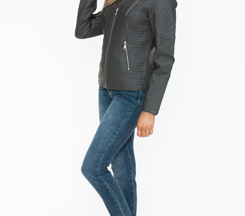 Snobbish Faux Leather Zip Up Mock Neck Jacket