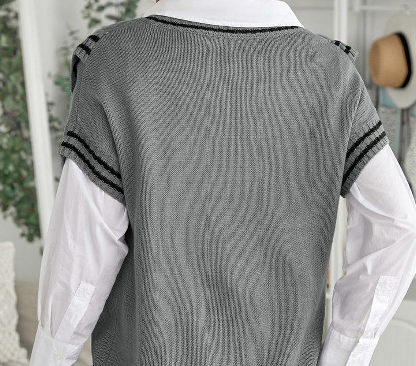 Striped Trim V-Neck Sweater Vest