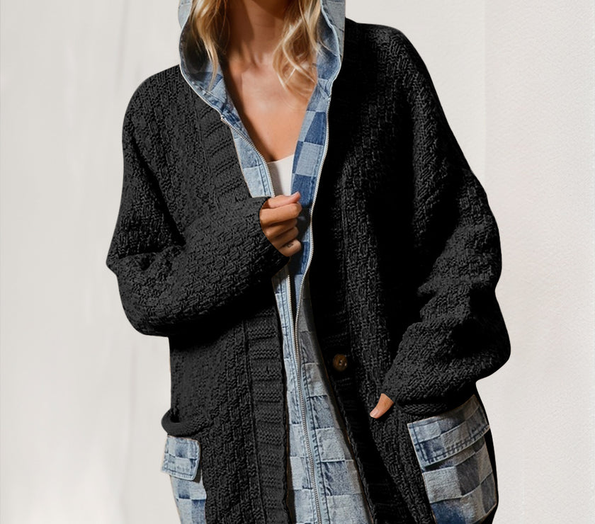 Double Take Full Size Hooded Denim Spliced Sweater Cardigan