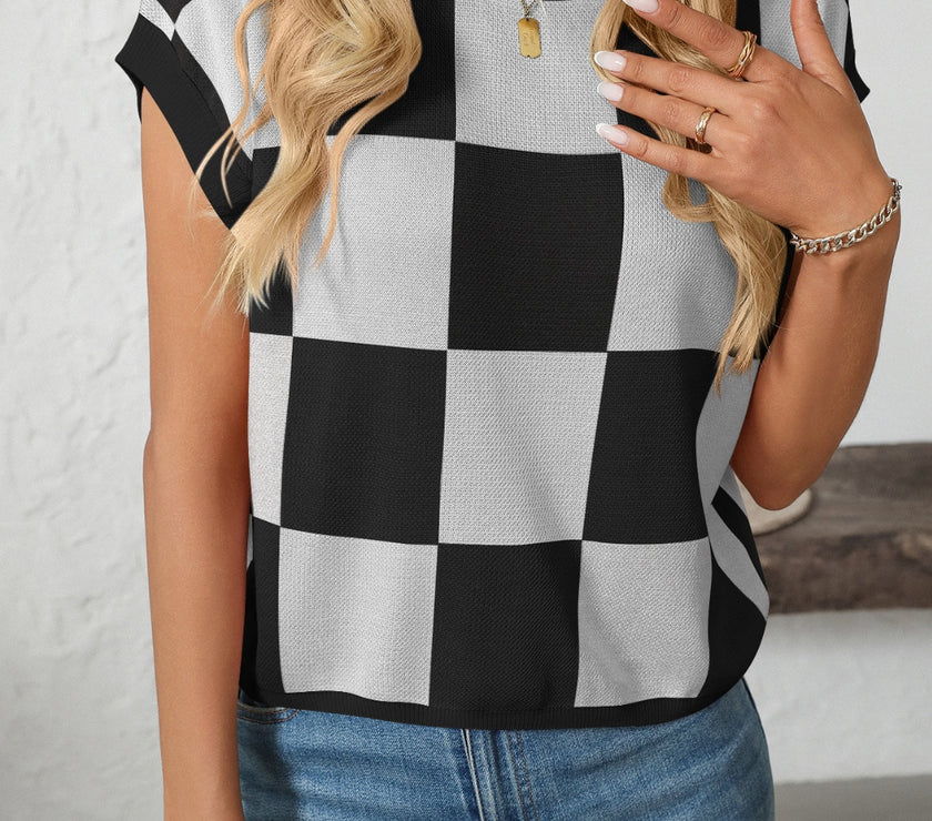 Mandy Checkered Round Neck Cap Sleeve Knit Top