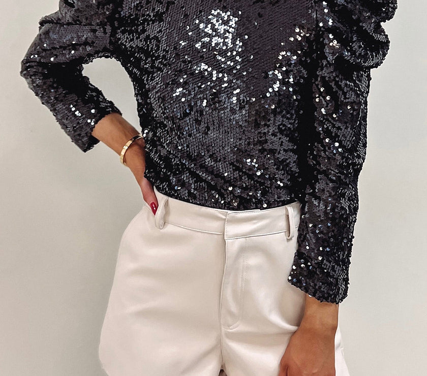 Black Sequin Mock Neck Bubble Sleeve Top